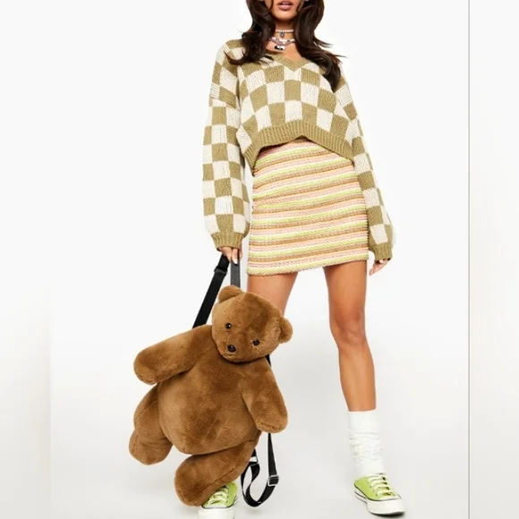 AFTER SCHEX Puff Balloon Sleeve Check Chunky V-Neck Crop Oversized Sweat… - Picture 5 of 12